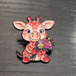 Adorable Giraffe with Colorful Flowers Enamel Pin